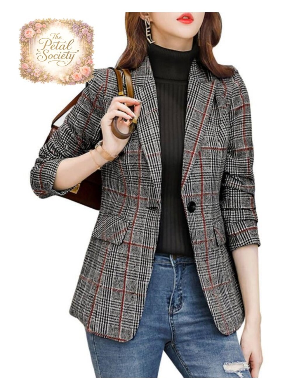 Women Double Breasted Houndstooth Plaid Blazer Slim Boyfriend Jacket